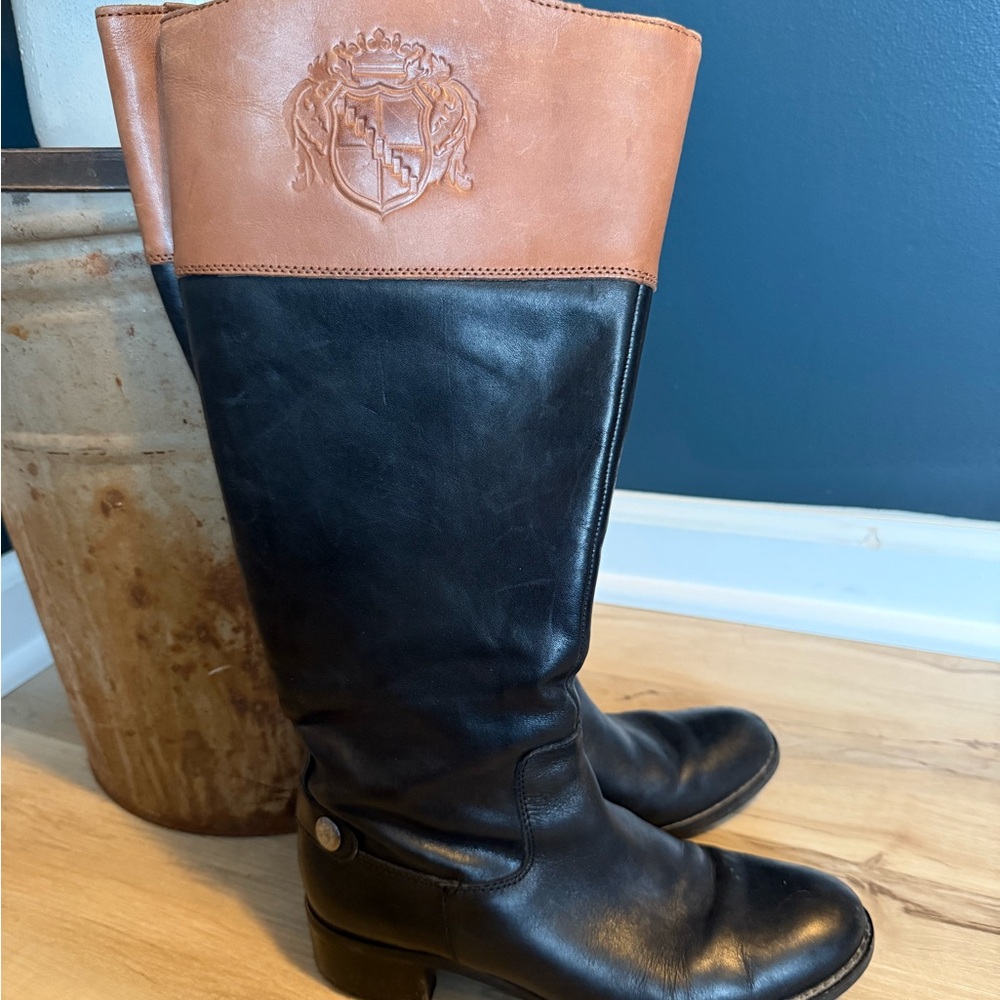 Franco Sarto Leather Riding Boots Womens Size 7 Black Brown Equestrian Knee High